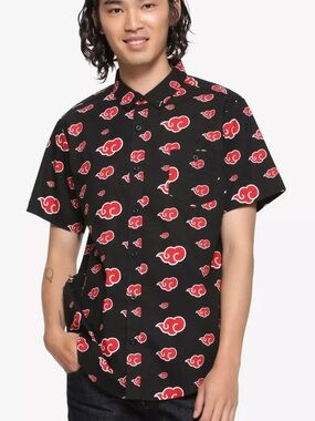 Naruto Shippuden Akatsuki Cloud Allover Print Woven Button-Up XL Red Black Anime